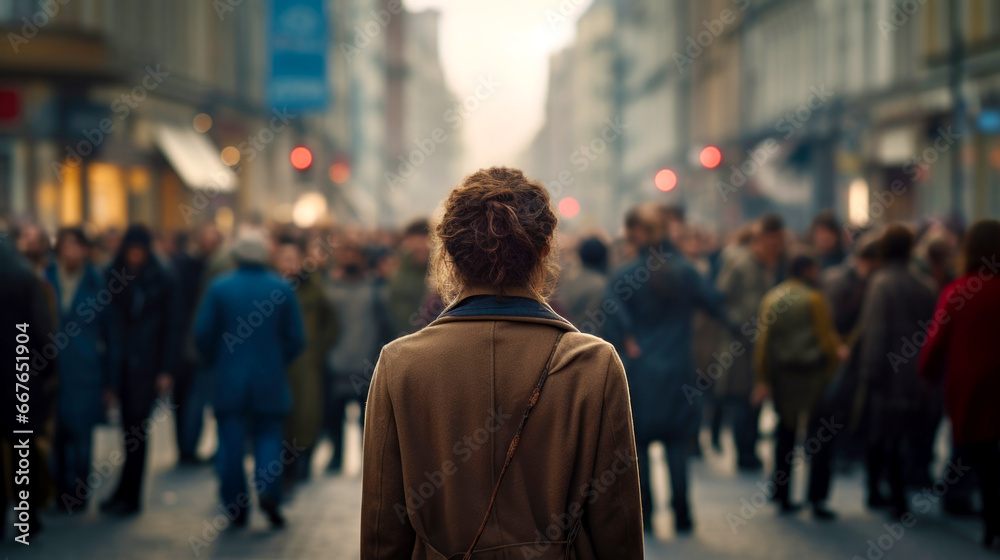 A woman walks down the street with people. AI Generated