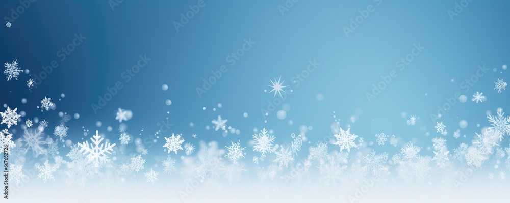 Macro view on snowflake with white winter landscape, panorama banner. Generative Ai.