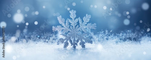 Macro view on snowflake with white winter landscape  panorama banner. Generative Ai.