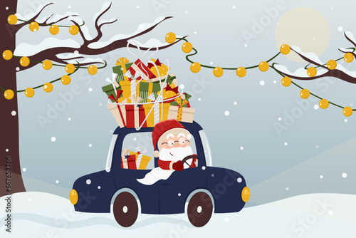 Cute Christmas card with funny Santa Claus driving a car with a lot of gift boxes. Winter snowy landscape. Christmas, New Year coloured vector illustration. Collection of cards with Santa