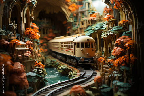 A toy train emerging from a tunnel cut into a cardboard mountain, part of an imaginative diorama. © Oleksandr