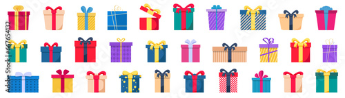 Gift box in a flat design. Set of Christmas gifts, New Year presents. Colorful present boxes. Cartoon gift box collection