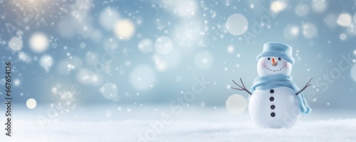 Happy smilling snowman with white snowing winter ladscape, panorama banner. Generative Ai.