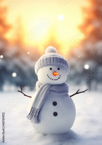 Happy smilling snowman with white snowing winter ladscape. Generative Ai. © annamaria