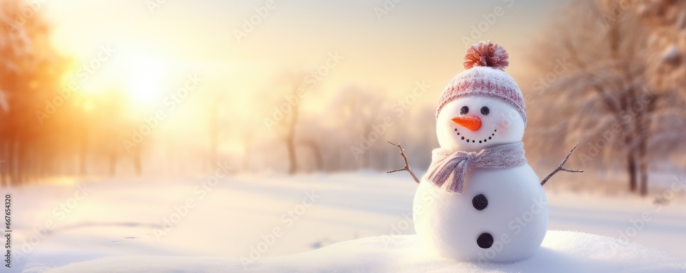 Fototapeta premium Happy smilling snowman with white snowing winter ladscape, panorama banner. Generative Ai.