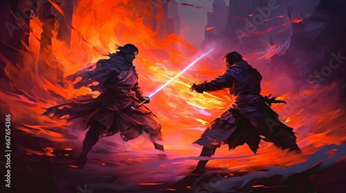 Two swordmen duelists in the midst of a burning forest. digital painting