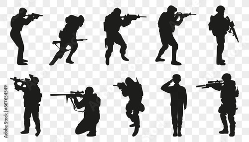 Soldier silhouette collection with weapon in black. Army troops silhouette. Soldier and army force silhouette collection for Veterans Day. Set of army soldier icons. Black soldiers silhouette isolated