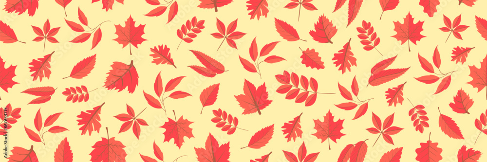 Seamless pattern background for autumn with red tree leafs. Orange autumn leaves background. Seamless pattern with autumn leaves. Autumn pattern with leaves
