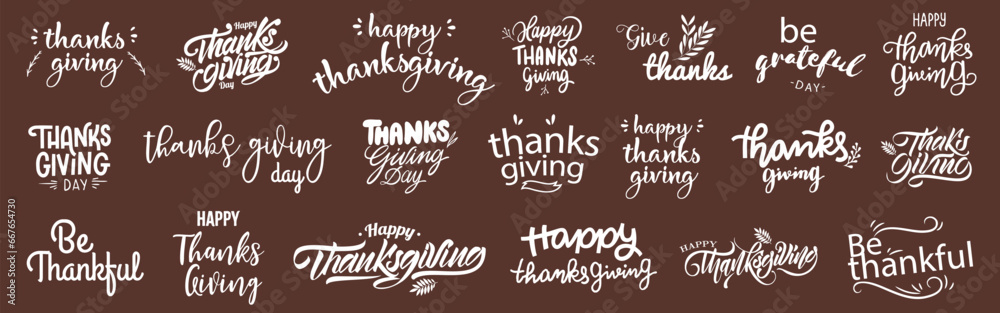 Thanksgiving lettering inscription template collection. Thanksgiving Day calligraphy font badges. Happy Thanksgiving calligraphy text for greeting card - obrazy, fototapety, plakaty 