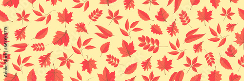 Seamless pattern background for autumn with red tree leafs. Orange autumn leaves background. Seamless pattern with autumn leaves. Autumn pattern with leaves