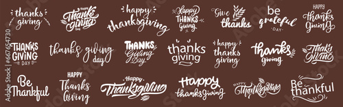 Thanksgiving lettering inscription template collection. Thanksgiving Day calligraphy font badges. Happy Thanksgiving calligraphy text for greeting card photo