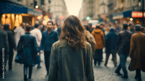 A woman walks down the street with people. AI Generated photo