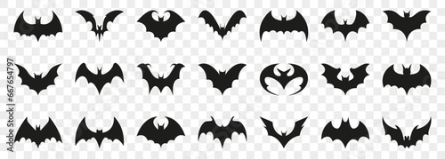 Bat silhouette isolated on a transparent background. Bat silhouette collection for Halloween design. Bat icons. Set of black bats logo, silhouette