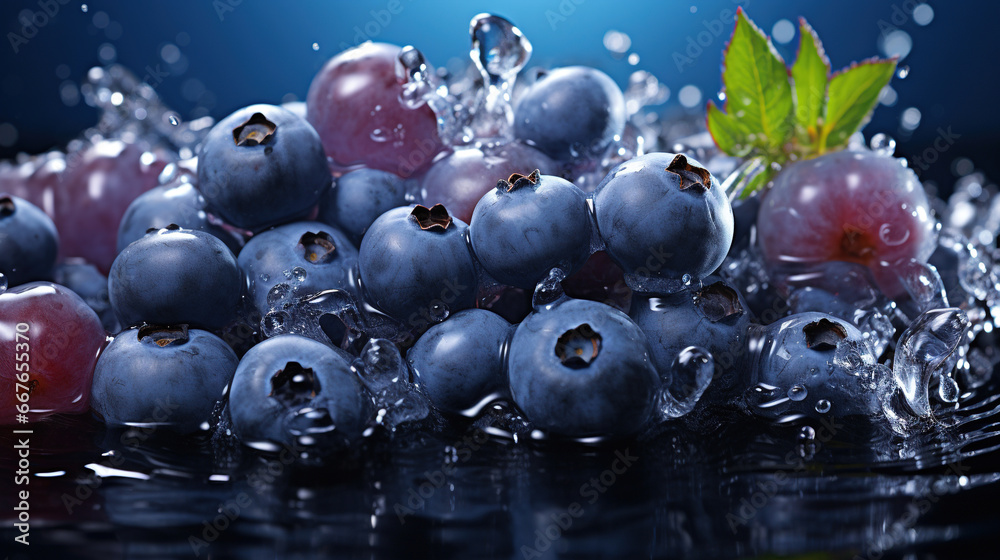 Water Splashing on Group of Delicious Fresh Bluepberries Background Selective Focus