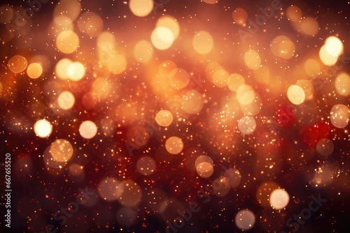 Abstract festive red bokeh background of defocused golden sparkle confetti circles