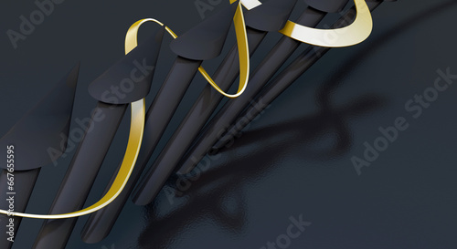 3d render. Abstract economy concept consisting of arrows and gold line. Gold ribbon with up arrows on black background.