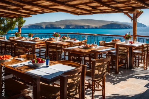  a picturesque seascape with a traditional seaside Greek taverna, where fresh seafood dishes are served with a view. photo