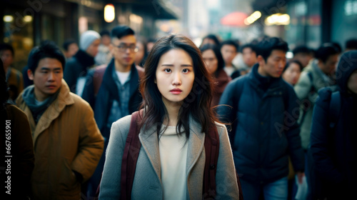 Asian a woman walks down the street with people. AI Generated