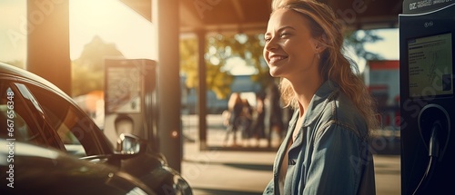 Happy blonde woman is charging her electric car at a charging point. photo