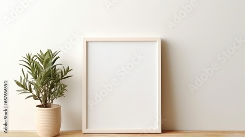 Blank vertical frame on a monochrome soft background in beige colors. Mock up for a photo or illustration. Stylish frame for a photo. Interior decor. High quality photo