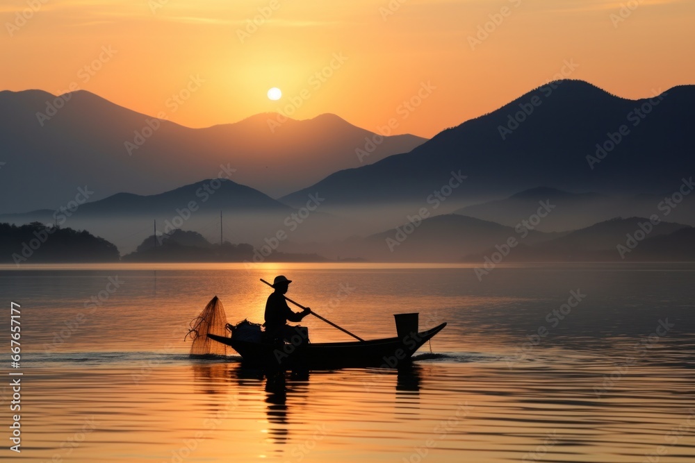 Silhouette of a fisherman on a boat against the backdrop of mountains with the setting sun