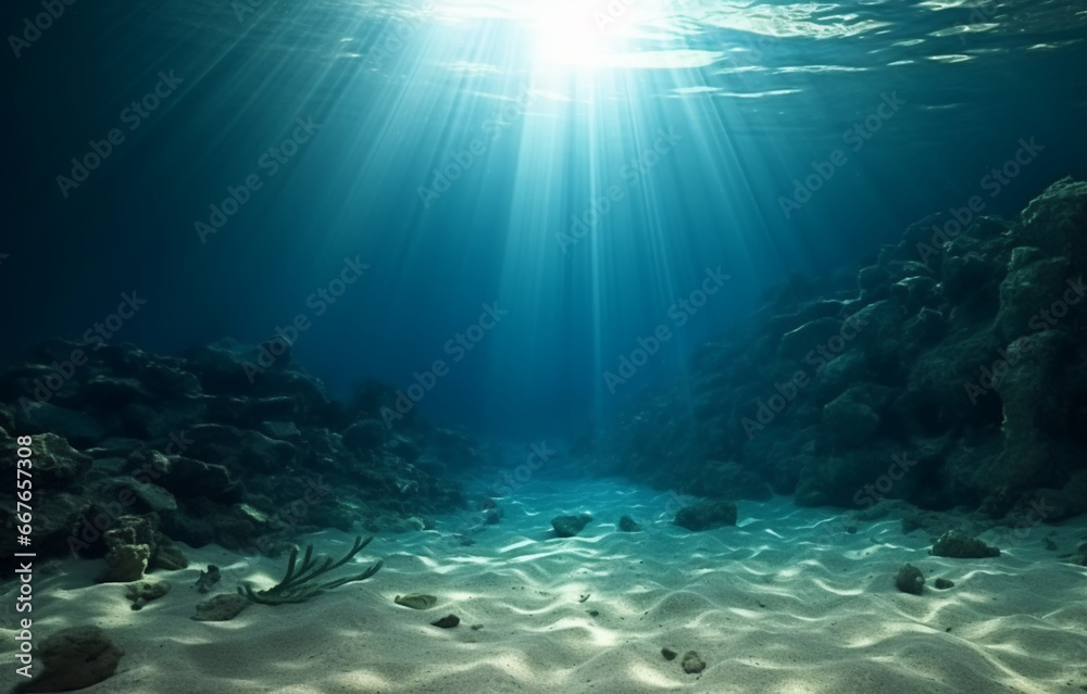 Obraz premium Underwater Sea Bottom Sand. Deep Abyss With Blue Sun light. Generated AI