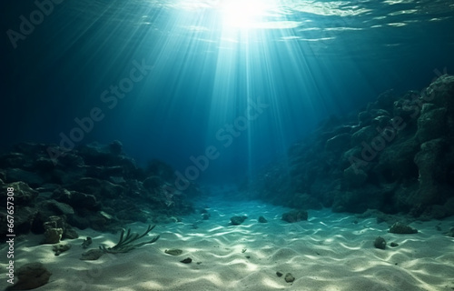 Underwater Sea Bottom Sand. Deep Abyss With Blue Sun light. Generated AI © Oleksiy