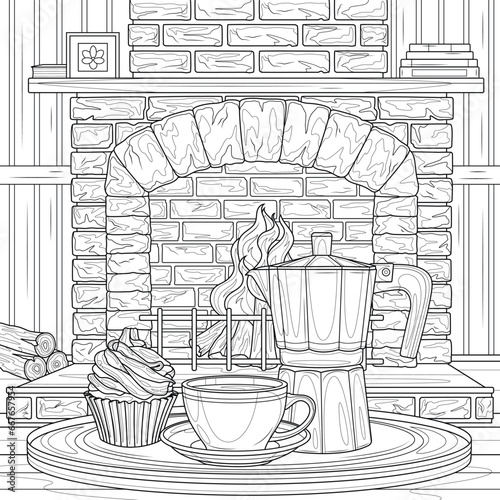 Geyser coffee machine and coffee by the fireplace.Coloring book antistress for children and adults.