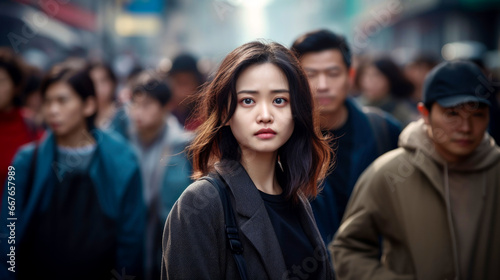 Asian a woman walks down the street with people. AI Generated © millenius