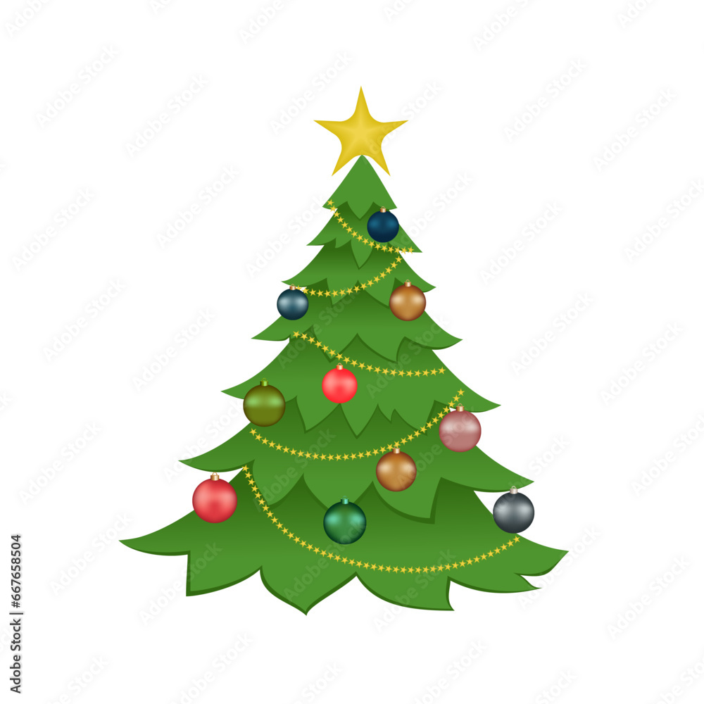 Decorated Christmas tree. Christmas tree decorations and garland hang on the Christmas tree.
