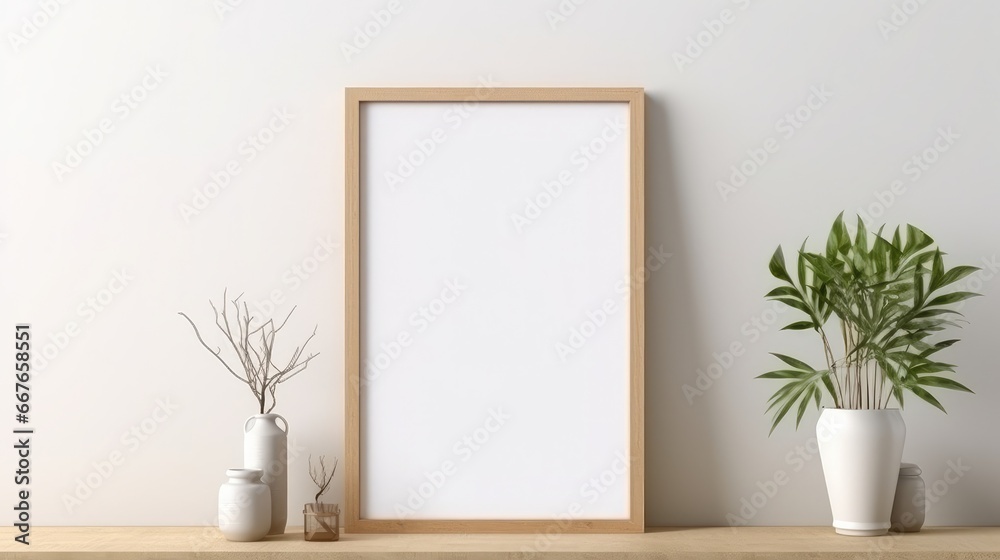 Blank vertical frame on a monochrome soft background in beige colors. Mock up for a photo or illustration. Stylish frame for a photo. Interior decor. High quality photo Blank vertical frame on a monochrome soft background in beige colors. Mock up for a photo or illustration. Stylish frame for a photo. Interior decor. High quality photo