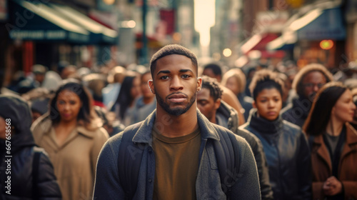 Black man walking down the street with people. AI Generated