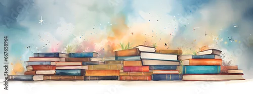 Panel kuchenny z motywem Watercolor Illustration with stack of books isolated on white background