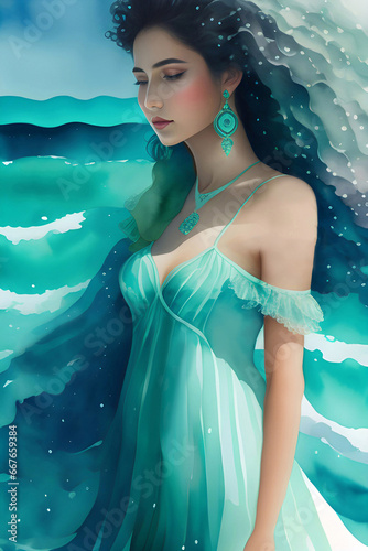 A Beautiful Dark Haired Sea Witch Standing on a Beach - Turquoise Aqua Illustration