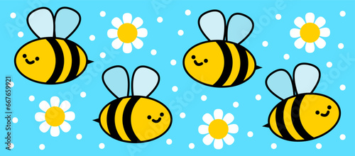 Cute flying honey bees characters in cartoon flat style  design concept