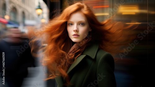 portrait of a red head woman in the city . motion in blur 