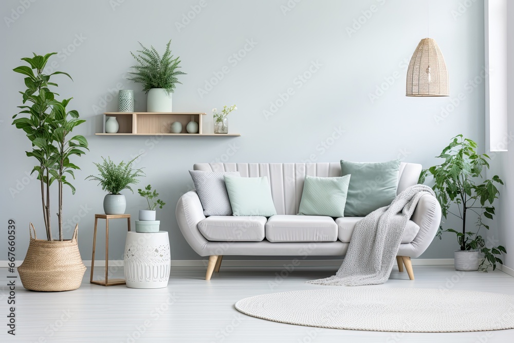 Obraz premium White living room with green plants. Room with table and white couch.