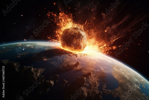 Foto Apocalyptic meteor impact ignites earth, forming a crater and causing worldwide catastrophe
