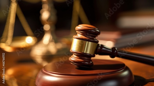 Close up of a wooden gavel on a judge's desk with the scales of justice in the soft-focused background, symbolizing law and order