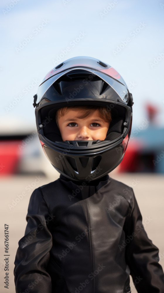 A kid wearing a motorcycle helmet and a leather jacket. A kid wearing a motorcycle helmet and a leather jacket.