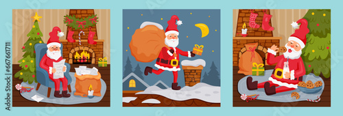 Santa Claus reading letter in the char, with bag on the roof, eating cookies and drinking milk. Vector illustration set.