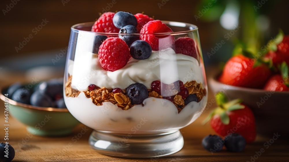 A delicious bowl of granola with yogurt and fresh mixed berries, a healthy and nutritious breakfast option. Perfect for a healthy lifestyle A delicious bowl of granola with yogurt and fresh mixed berries, a healthy and nutritious breakfast option. Perfect for a healthy lifestyle
