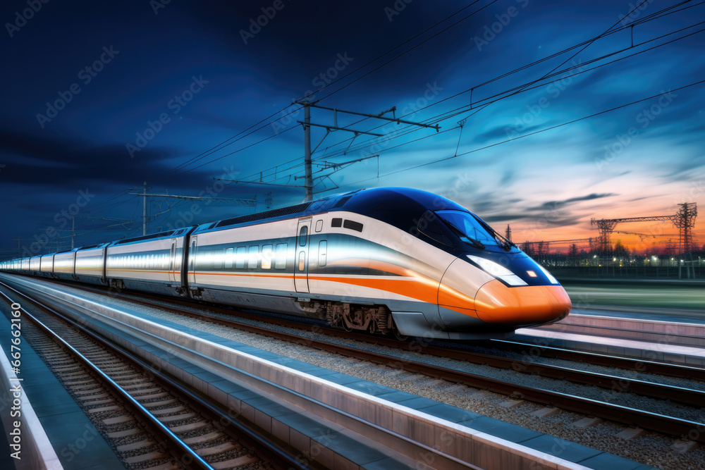 Naklejka premium a long high-speed train travels at high speed around small town, a mountain, nature, motion fast, motion blur, sunset time