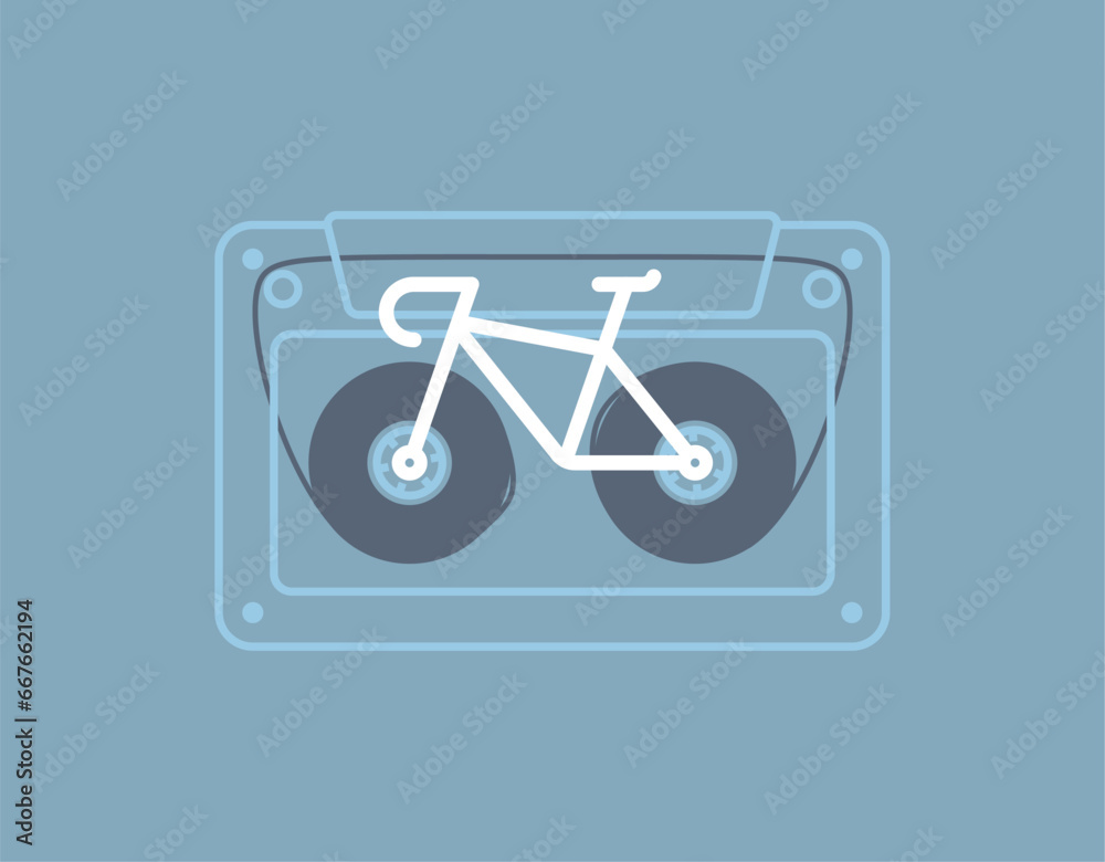 Vector stylized line of an old compact audio cassette with bicycle inside. Isolated on blue background Vector stylized line of an old compact audio cassette with bicycle inside. Isolated on blue background