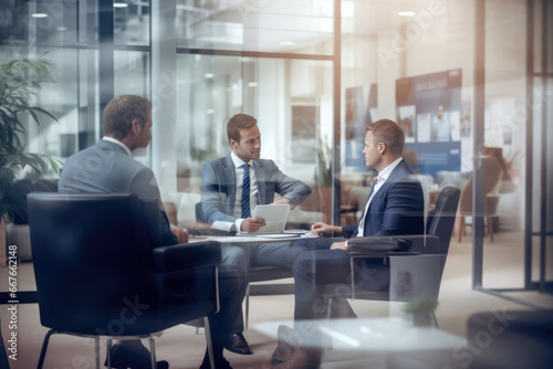 Three businessmen discussing business at an office meeting