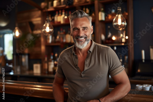 happy middle aged bearded man at the bar looking at camera and smiling while leaning on the bar counter in cafe