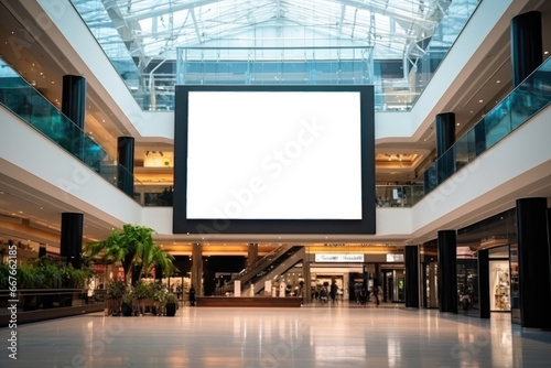 Indoor shopping mall advertising billboard, large video promotion LED white screen in public space area without people