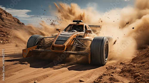 Racing car rushing through the desert at high speed, kicking up huge dust and sand under the wheels when turning, rally among the sand dunes