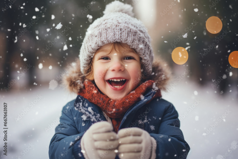 Boy toddler enjoying the first snow in winter coat, happy and smiling Boy toddler enjoying the first snow in winter coat, happy and smiling