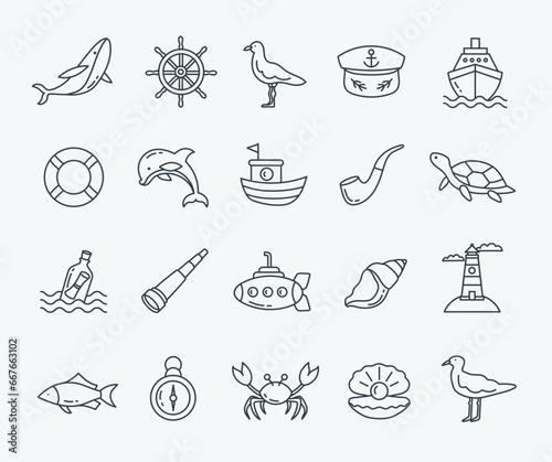 Set of marine icons. Editable stroke outline